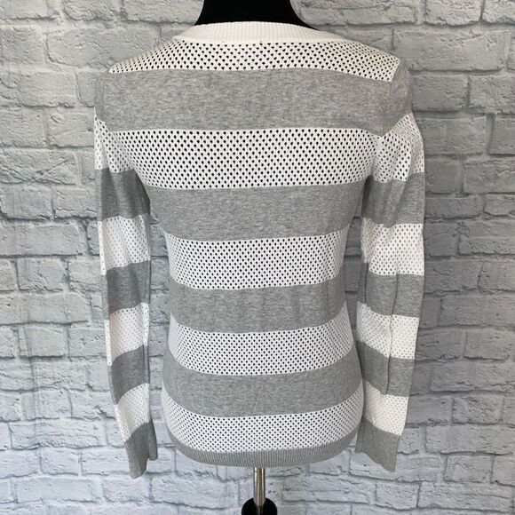 Express open knit Crewneck Longsleeve lightweight stripe sweater white grey sz S - Picture 9 of 9